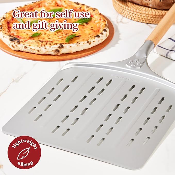 Pizza Peel 12 Inch - Anodized Aluminum Pizza Spatula with Wooden Handle - Ideal for Pizza Oven & Baking, Lightweight Pizza Turning Peel for Baking pizza Bread Pizza Oven Accessories Tools