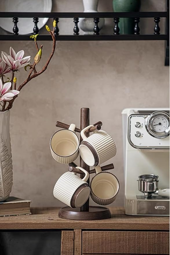 Stackable Coffee Mugs Set, Ceramic Espresso Cups for Au Lait, Cappuccino,Latte,Cafe,Mocha,Tea, Embossment Cups Suit For Housewarming Wedding- 8 oz, Set of 2,Beige&Brown