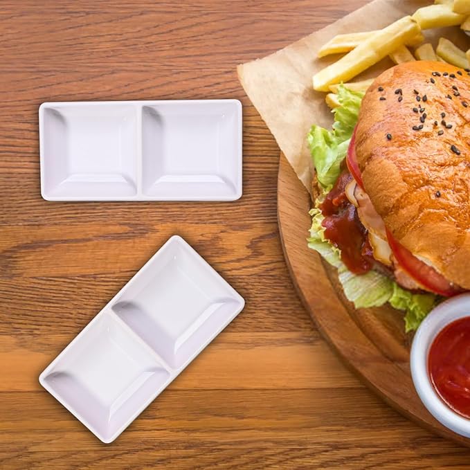 16 Pcs Dual Dipping Sauce Bowls with Two Compartments Melamine Soy Sauce Dish Divided Fondue Plates Party Trays for Kitchen Sushi Restaurant (White)