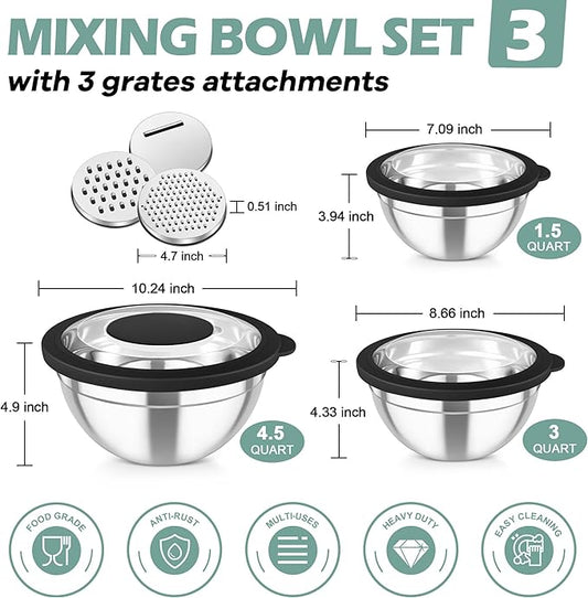 TeamFar Mixing Bowls, 3PCS Stainless Steel Serving Salad Bowls with Lids & 3 Graters, For Kitchen Mixing/Baking/Storing/Prepping, Visible & Airtight, Easy Clean - 4.5/3 / 1.5 QT, Black