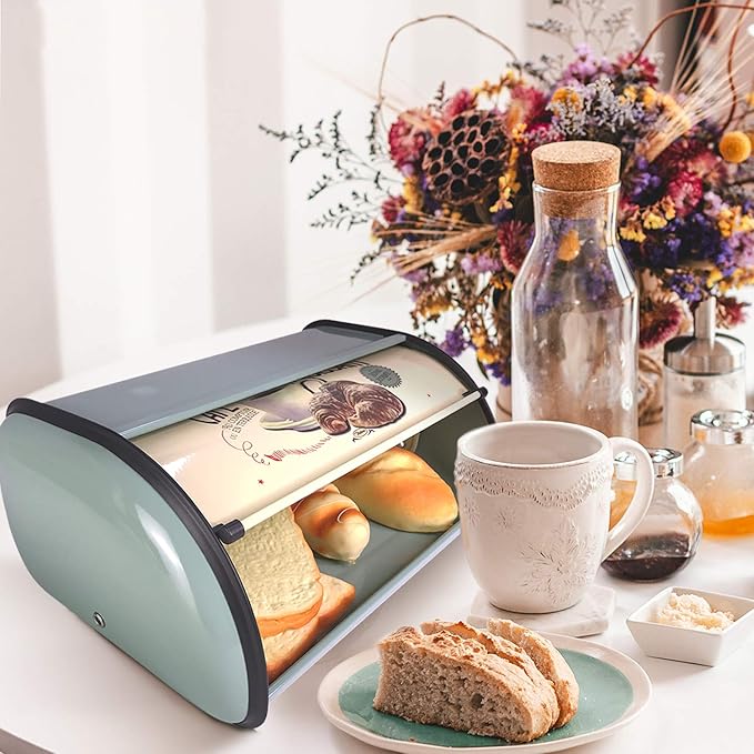 SOTECH Metal Bread Box with Roll Top Vintage Breadbox for Kitchen Countertop Retro Bread Bin Holder Counter Farmhouse Bread Storage Container Blue