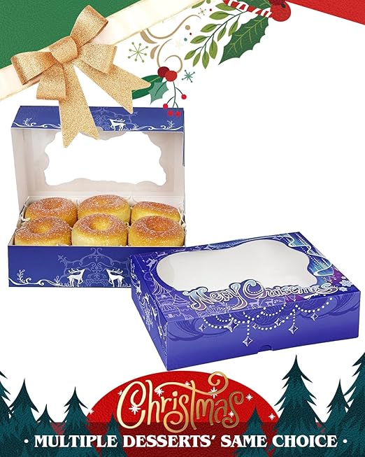 qiqee Christmas Blue Purple Cookie Boxes for Gift Giving 8x5.3x2 inch 24Packs Christmas Bakery Box with Window Treat Box for Donuts Candies and Biscuit