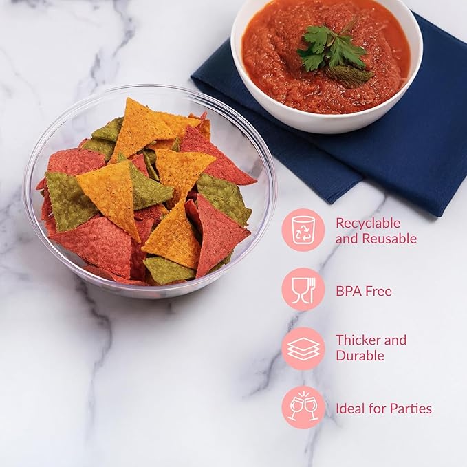 Prestee Clear Plastic Serving Bowls, 150 Oz 4 Pack - Round Large Disposable Bowls, Punch Bowl, Party, Chip Bowl Containers - Candy, Salads, Parties, and Serving Food - Large Salad Dish for Eating