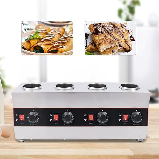 Electric Nacho Cheese Warmer Machine 4 Pot Commercial Hot Fudge Dispenser Stainless Steel Hot Chocolate Dispenser with 4 Sauce Squeeze Bottles for Cheese Caramel Jam Ketchup 640W (4 Pot)