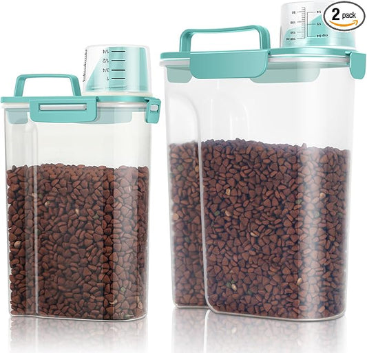 TBMax Dog Food Storage Containers 2 Pack 8 to 10 Lbs, Airtight Pet Food Container Dispenser with Large Spout & Portable Handle, Travel Dog Treat Cat Food Storage Bin Bird Seed Container -Cyan