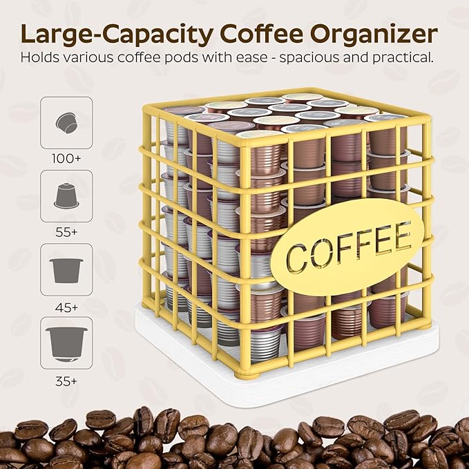 Coffee Pod Holder Organizer, Large Capacity Coffee Pod Basket for K Cup, Coffee Capsule Storage Basket with Wooden Base, for Kitchen Countertop, Gold and White KH10DW