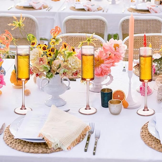 6 Pieces Pink Champagne Flutes,6 OZ Twill Pattern Striped Vintage Stem Glasses Stemware Wine Glasses Champagne Long Stem Drinking Colored Glasses Goblets for Wedding Cocktail Cups,Cava, Prosecco