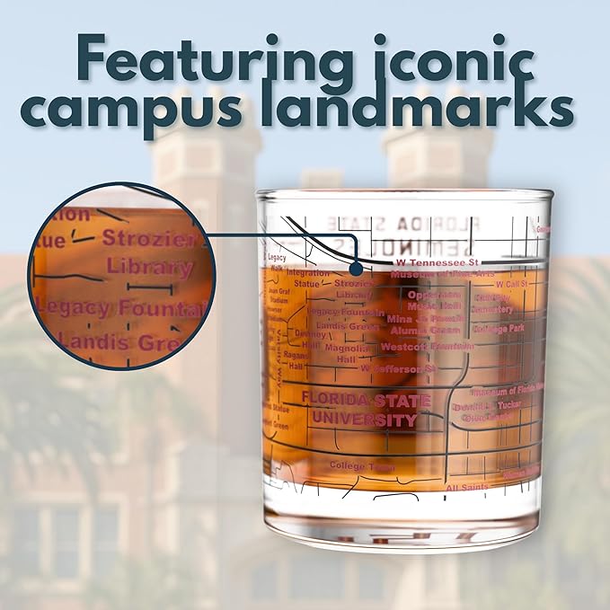 Greenline Goods – Florida State University Seminoles College Whiskey Glasses (Set of 2), 10 oz – Full-Color Logo + Campus Map