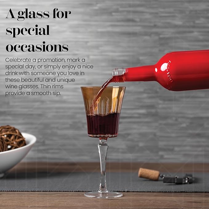 Vikko Colored Wine Glasses, Timeless Collection 10 Ounce Elegant Wine Glass for Fine Dining, Set of 4 Amber Goblets with Stem, Dishwasher Safe