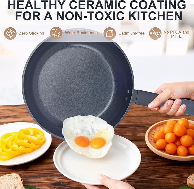 Nonstick Cookware Set, Ceramic Pots and Pans Set Non Toxic, 5-Piece Induction Ready Frying Pan & Saucepan with Lid, 3mm Aluminum Even Heating, Dishwasher Safe