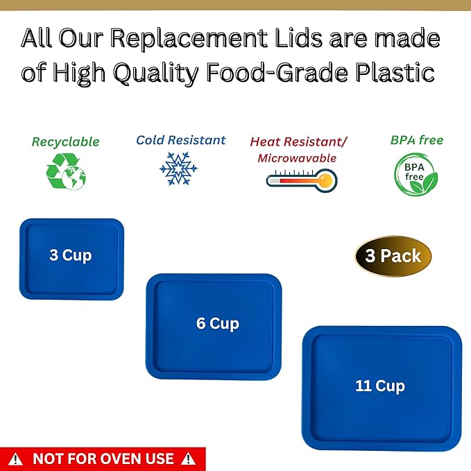 3, 6 & 9 Cup Blue Replacement Lids/Covers for Pyrex, Anchor Hocking & KlareWare Storage Bowls *Lids Only Glass Container Not Included* (3 Pack *One of Each Size*)