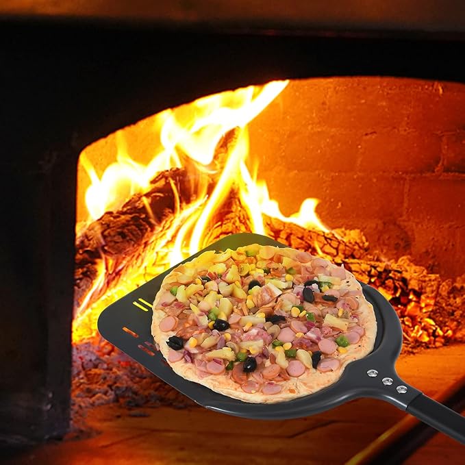 Perforated Pizza Peel, 12 x 14 Inch Rectangular Pizza Turning Peel, Professional Anodized Aluminum Turning Pizza Spatula, 26 inch overall