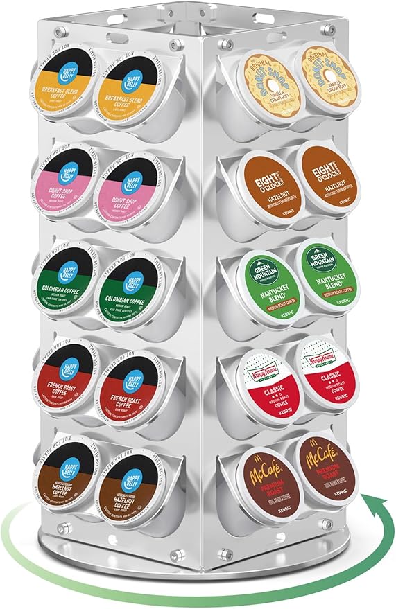 K Cup Holder, Coffee Pod Holder for Keurig – 360° Rotating Aluminum Coffee Organizer for Countertop,Saving Design with Anti-Slip Base for Kitchen or Office,Capacity of 40 Pods,Silver