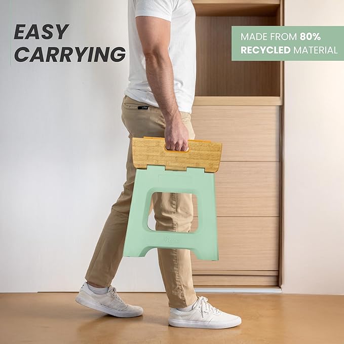 Vigar Compact Step Stool Foldable, 12-1/2-inch Step Stools for Adults up to 330 Pound, Lightweight Stool, Non-Slip Folding Step Stool, Bamboo Print on Top, Vintage Green