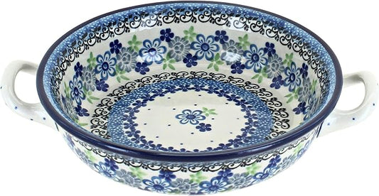 Blue Rose Polish Pottery - Blue Eliza Mini Casserole with Handles - 6.75" Diameter - Unique, Dishwasher Safe, & Durable Bakeware