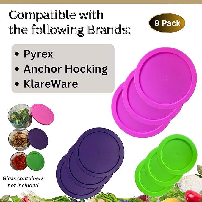 2, 4 & 7 Cup Spring Green, Purple, Pink Replacement Lids/Covers for Pyrex, Anchor Hocking & KlareWare Storage Bowls *Lids Only Glass Container Not Included* (9 Pack *Three of Each Size*)
