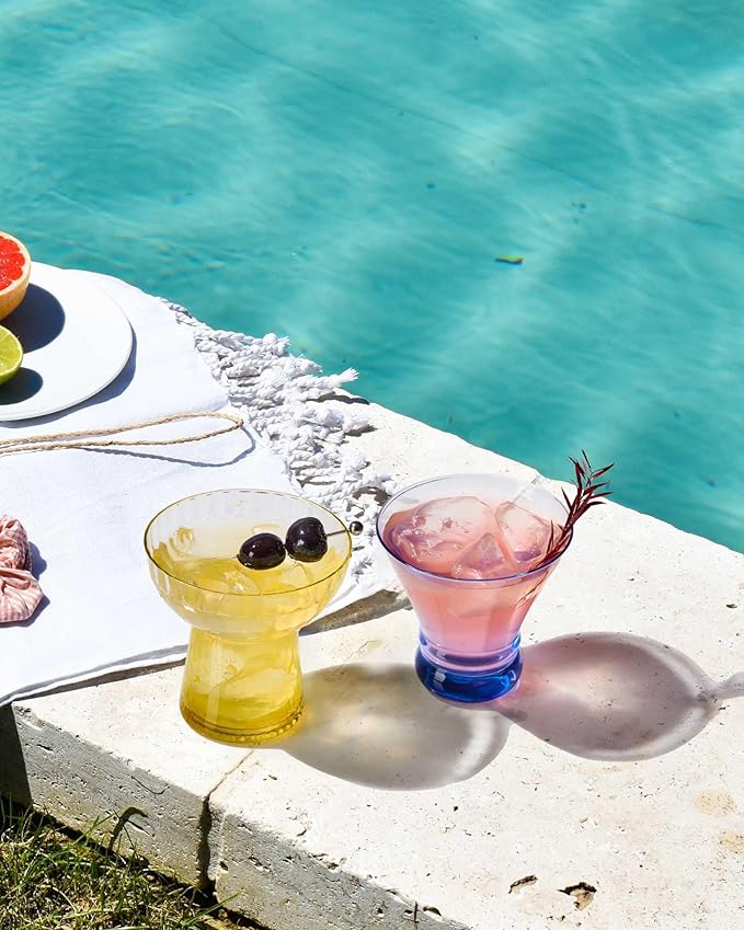 ColoVie Martini Glasses Set of 6 - Cocktail Glasses - 8oz Stemless Margarita, Bar, Dessert Glass - Colored Liquor Drinking Glassware - Cosmo, Manhattan, Espresso Martini - Cocktail Party Gift for Her