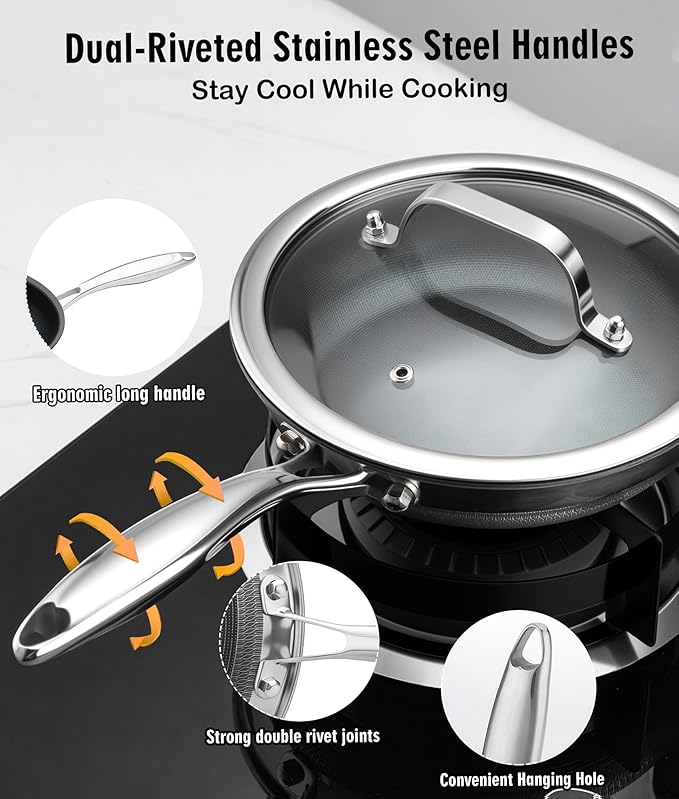 Nonstick Frying Pan Set with 3 Lids, 6 Piece Non-Toxic Titanium Ceramic Skillet, 8, 10 & 12 Inch Stainless Steel Pans, PFAS/PFOA/PTFE Free, Dishwasher & Oven Safe, All Cooktops Compatible