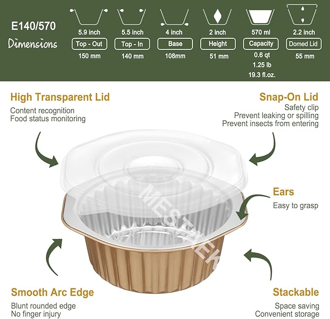 5.5" Aluminum Foil Pans with Integrated Handles and Snap-On Lids (5 pcs) | 2X Thickness Heavy-Duty Reusable Tin for Baking and Cooking