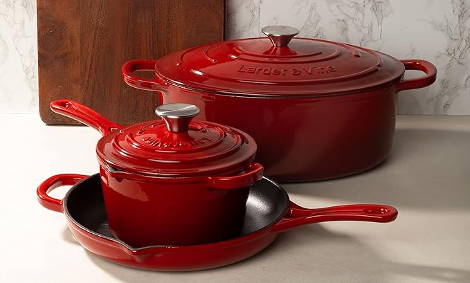 Larder & Vine 9 Piece Enameled Cast Iron Cookware Set, Oven Safe and Compatible with all Cooktops – includes 3.6 Qt Braiser, 5.7 QT and 8 QT Dutch Ovens, 10.25in Skillet and 2.2 QT Saucepan (Cabernet)