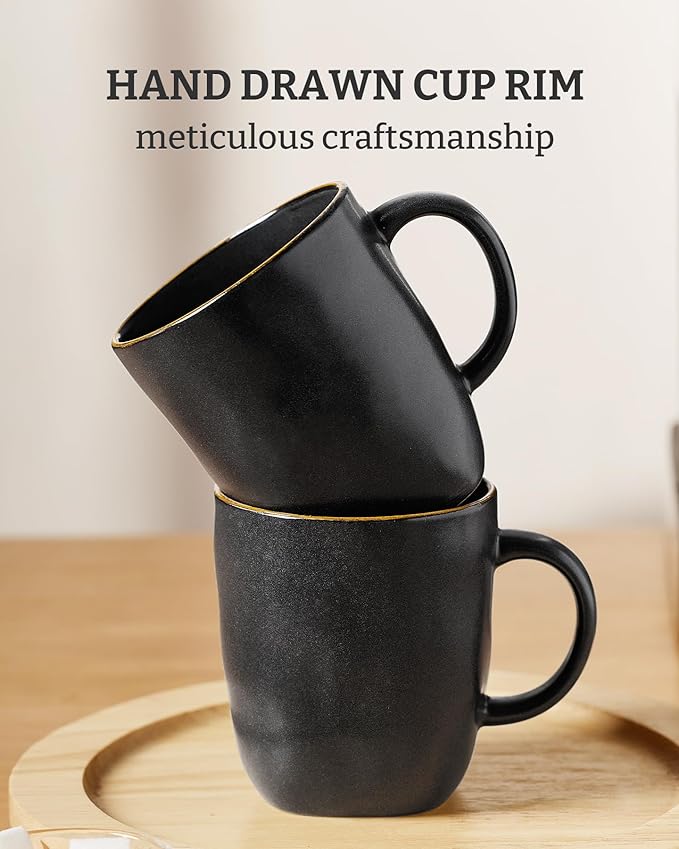 famiware Coffee Mugs Set of 4, Ocean Square 13oz Coffee Cup Set with Handle for Cocoa, Milk, Hot Chocolate, Tea, Water, Stoneware Cups for Kitchen, Microwave and Dishwasher Safe, Matte Black