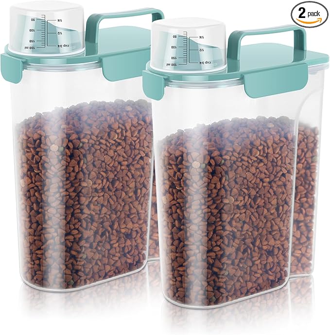 5-7Lbs Dog Cat Food Storage Container with Upgraded Large Nozzle BPA-free, 4 Snap Seals Plastic Pet Food Storage Containers with Handles (2, Elegant Blue, 5L)