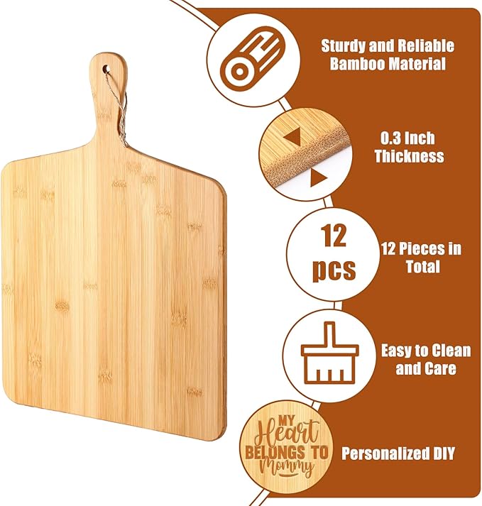 Patelai 12 Packs Wooden Cutting Board Set with Handles Large Kitchen Serving Plain Chopping Board Bulk Gifts for Mom for Vegetables Meat Pizza Cheese Fruit Bread(Bamboo,17 x 13 Inch)