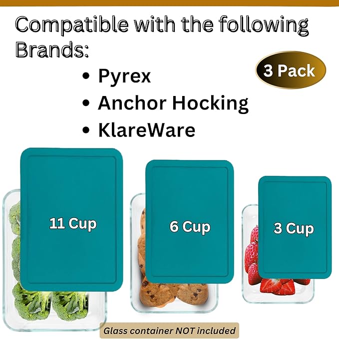 3, 6 & 11 Cup Turquoise Replacement Lids/Covers for Pyrex, Anchor Hocking & KlareWare Storage Bowls *Lids Only Glass Container Not Included* (3 Pack *One of Each Size*)