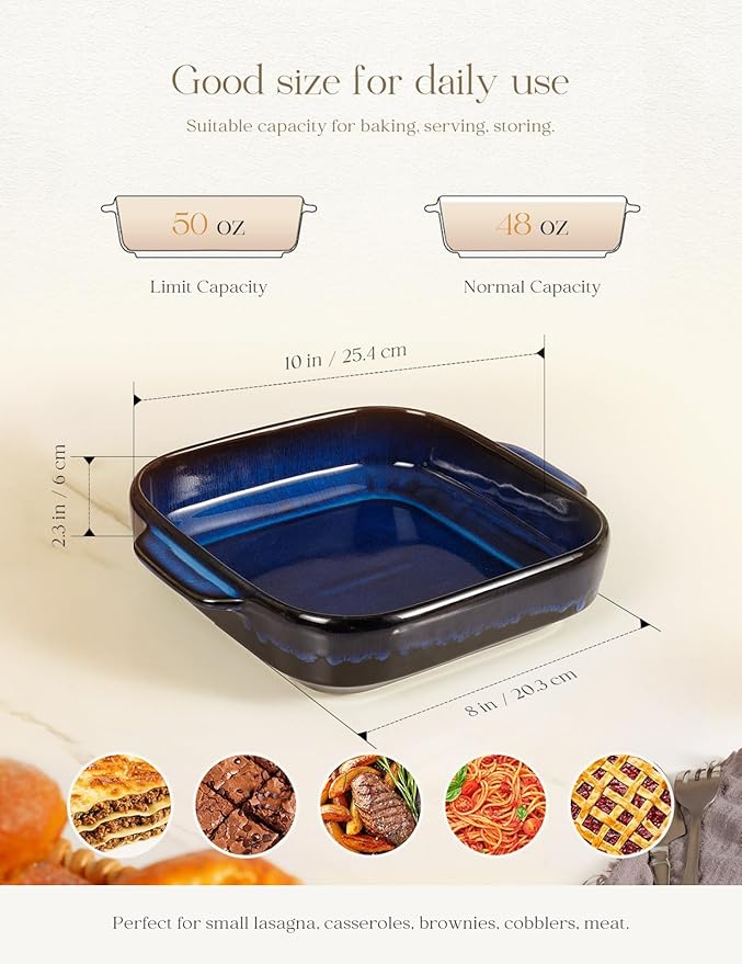8x8 Baking Pan Ceramic Square Baking Dish Lasagna Pan with Double Handles Deep Casserole Dish for Brownie, Lasagna, Roasting and Great for Kitchen Decor (Reactive Glaze Blue)