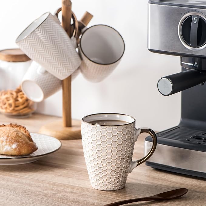 Ceramic Coffee Mug Set - 16 Oz Large Coffee Mugs - Embossed Stoneware Cups with Handle for Latte Tea Cappuccino Cocoa - Microwave Dishwasher Safe - Set of 4 - Square Pattern