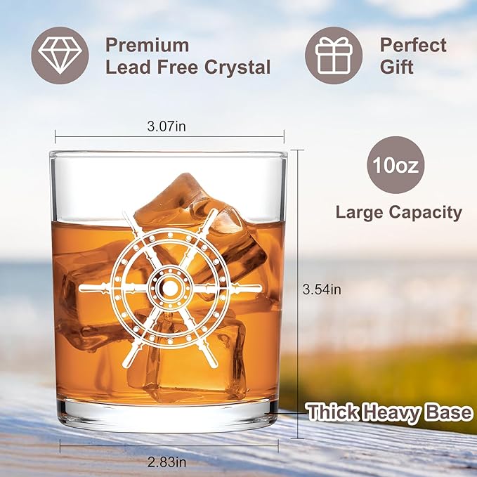 Futtumy Set of 4 Boat Whiskey Glass, Boating Gifts for Men, Nautical Gifts for Boat Lovers Owners Sailors, Anchor Compass Helm Life Ring Rock Glass for Birthday Christmas, 10oz