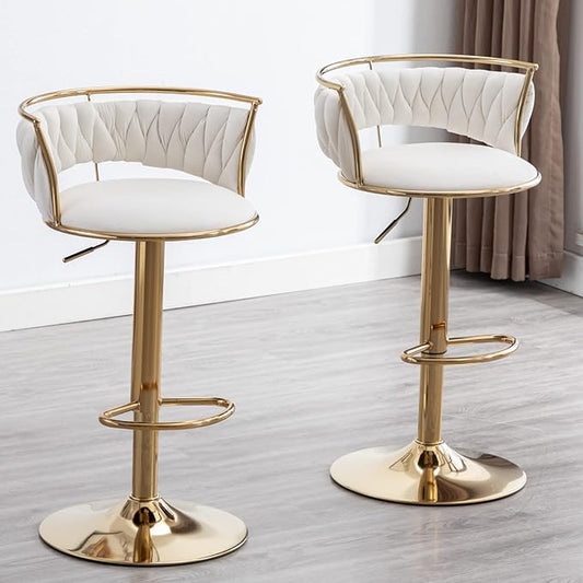 LukeAlon Modern Velvet Adjustable Barstools Set of 2, 360° Swivel Counter Stools with Golden Base Upholstered Open Back Tall Bar Chairs with Footrest for Home Pub Kitchen, White