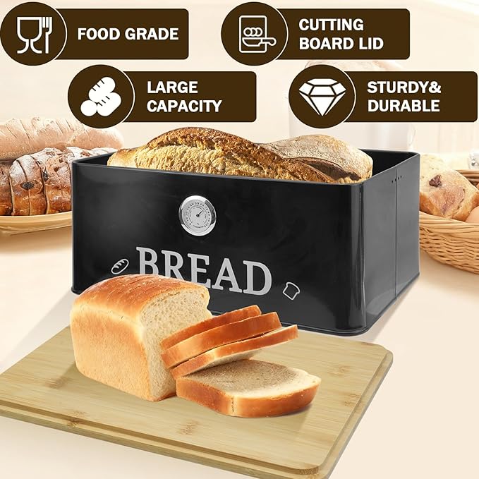 Black Bread Box for Kitchen Countertop with Bamboo lid, Hygrometer Kitchen Organizer for Sourdough, Buns, and Loaves, Bread Storage Container