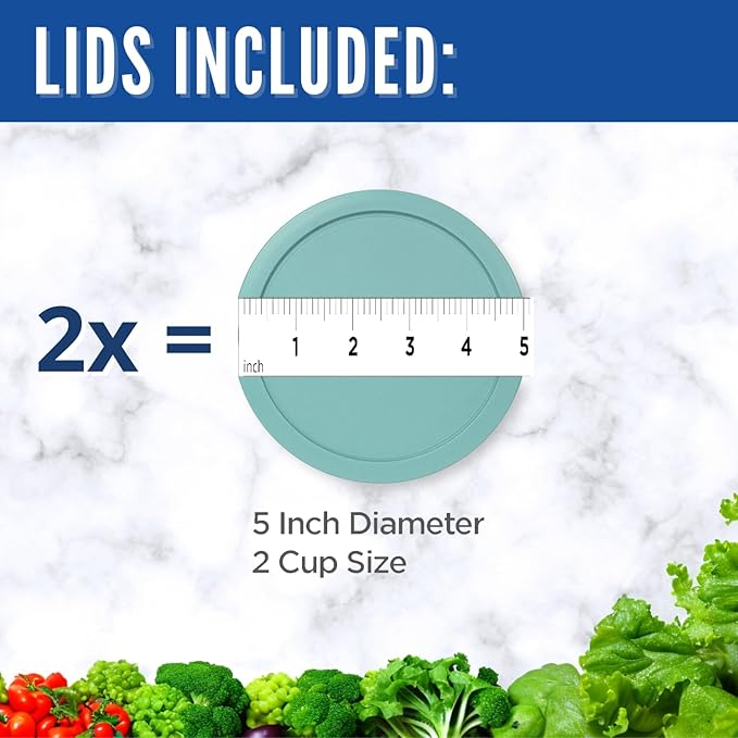 Replacement Lids for Pyrex 2-Cup Glass Food Storage Container Bowls, 5-Inch Plastic Round Lids Covers fits Pyrex 7200-PC, Airtight & Leakproof (2-Pack, Turquoise)