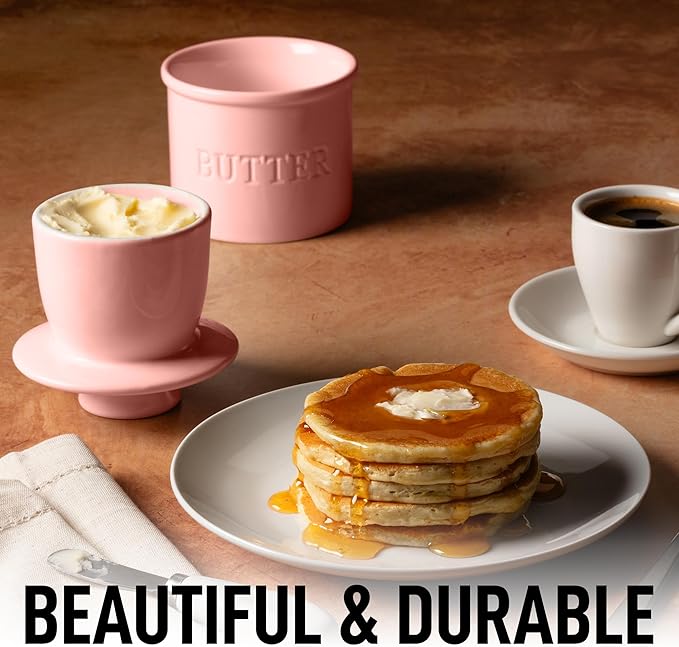 Zulay Kitchen Porcelain Butter Crock With Lid & Knife - Authentic French Butter Dish For Fresh & Spreadable Butter - Pink