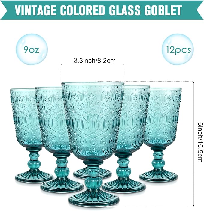 Eaasty Wine Glasses Set of 12 Vintage Goblet 9 oz Vintage Colored Glass Goblet Beverage Stemmed Glass Cups Romantic Embossed Glassware for Wedding Party Holidays Anniversary (Blue)