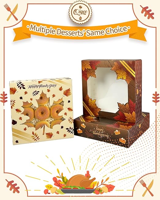 qiqee Thanksgiving Cookie Boxes with Window For Gift Giving Fall Treat Boxes 10x10x2.5 inch 30Packs Pie Donut Bakery Box