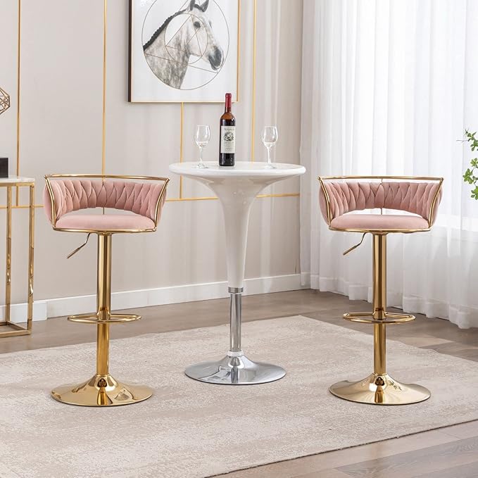 LukeAlon Modern Velvet Adjustable Barstools Set of 2, 360° Swivel Counter Stools with Golden Base Upholstered Open Back Tall Bar Chairs with Footrest for Home Pub Kitchen, Pink