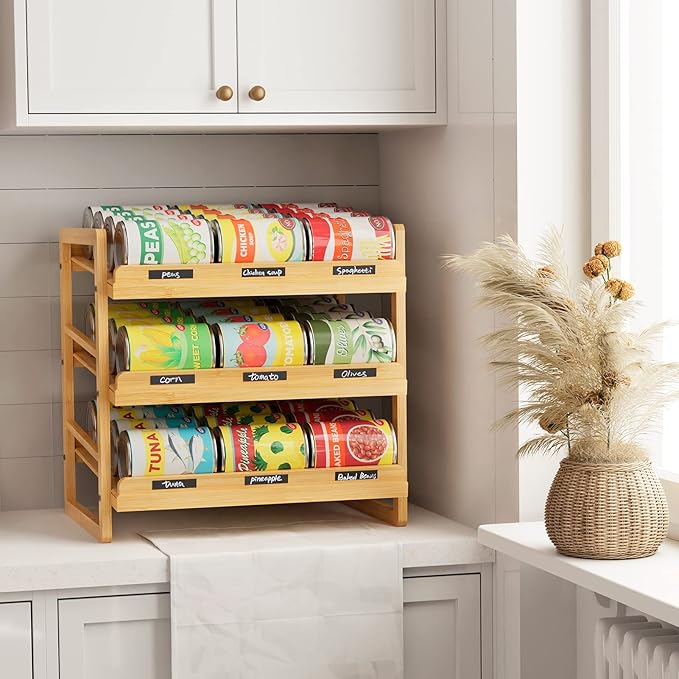 Bamboo Can Organizer for Pantry, 3 Tier Stackable Can Storage Organizer Pantry with Label Sticker and Marker Pen, Can Holders for Cabinet and Can Rack Organizer (Natural Bamboo)