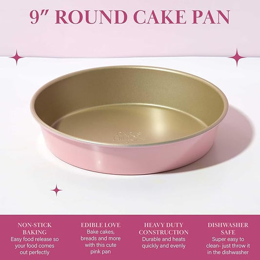Paris Hilton Nonstick Carbon Steel Bakeware Collection, 9-Inch Round Cake Pan, Dishwasher Safe, Made without PFOA and PFAS, Pink Champagne Two-Tone