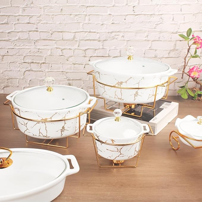 4.9 Inch Ceramic Mini Casserole Dish with Glass Lid and rack, 13.5 Oz Serving Soup Tureen, Chafing Dish for Individual Portion, Chocolate fondue, Fondue Pots Sets for Party Bakery Desserts