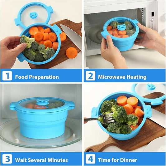 Collapsible Silicone Microwave Cookware Cooker Steamer for Cooking with Lids, 1.4L Glass Food Storage Container Sealed Bowl Mixing Bowls 2pc Set BPA Free