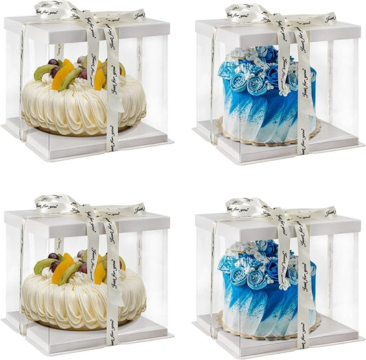 4 Pack Clear Cake Box Carrier 10" X 10" X 9" Cake Packaging Container with Ribbon Transparent Boxes with Lid Gift Package for Birthday Wedding Party, White