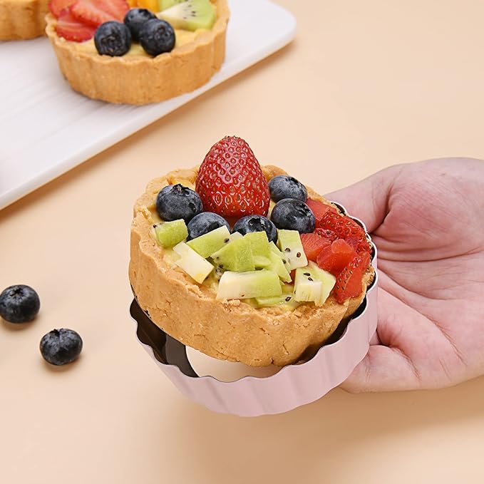 Mini Round Tart Pan with Removable Bottom, Nonstick Mini Pie Pans for Baking, Carbon Steel Quiche Pan Set for Cupcake Muffin Cakes and Desserts, Including 6 Tart Pan and 1 Tart Tamper (Pink)