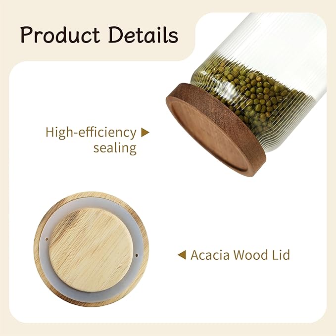 Ribbed Glass Storage Jars Set of 2 – Airtight Food Canisters with Wooden Lids, Stackable Kitchen Organizers for Coffee, Tea, Spices & Dry Goods (25.4oz)