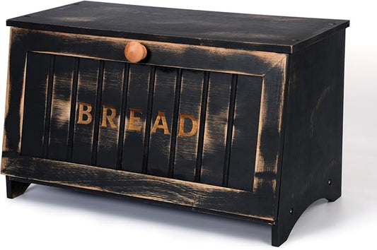 Bamboo Bread Box for Kitchen Countertop, Black Vintage Wooden Counter Breadbox, Single Layer Rustic Wood Large Capacity Bread Storage Container Bin