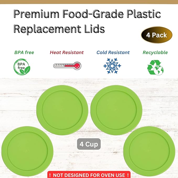 4 Cup/950 mL Spring Green Replacement Lids/Covers for Pyrex 7201-PC, 4 Cup/32oz Anchor Hocking & Klare Ware Storage Bowls *Lids Only* - *Glass Container Not Included* (4 Pack, Spring Green)