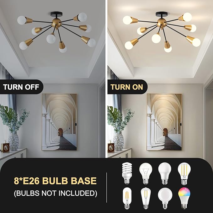 Modern Sputnik Ceiling Light Fixture,8-Lights Black and Gold Sputnik Chandeliers, Industrial Metal Semi Flush Mount Ceiling Light Fixture for Bedroom Hallway Entryway Kitchen