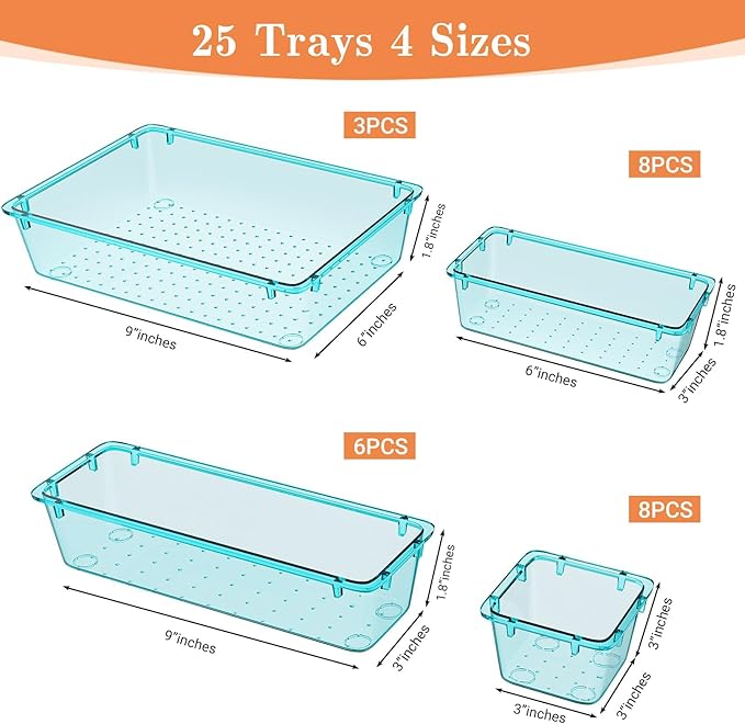 25 PCS Plastic Drawer Organizer Set, 4-Size Versatile Organizer Trays & storage Bins for Makeup, Jewelry, and Gadgets in Bathroom, Bedroom and Office, Sea Blue
