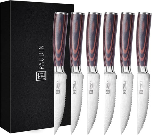 PAUDIN Steak Knives Set of 6, Kitchen Steak Knife 4.5 Inch, High Carbon Stainless Steel Steak Knives, Serrated Steak Knife with Pakkawood Handle, Dinner Knives with Gift Box